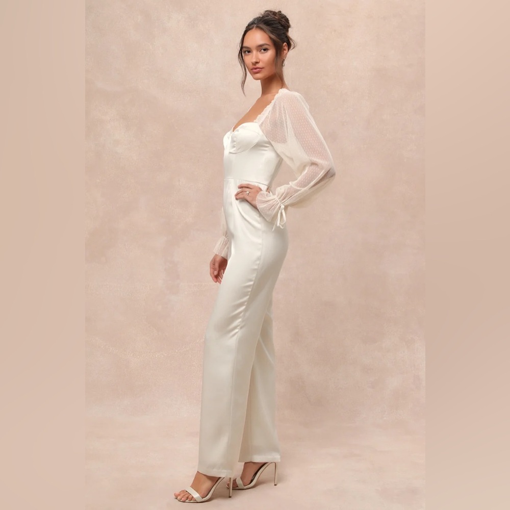 NWT Lulu’s Gracefully  Modern Ivory Satin Mesh Long Sleeve Bustier Jumpsuit MED